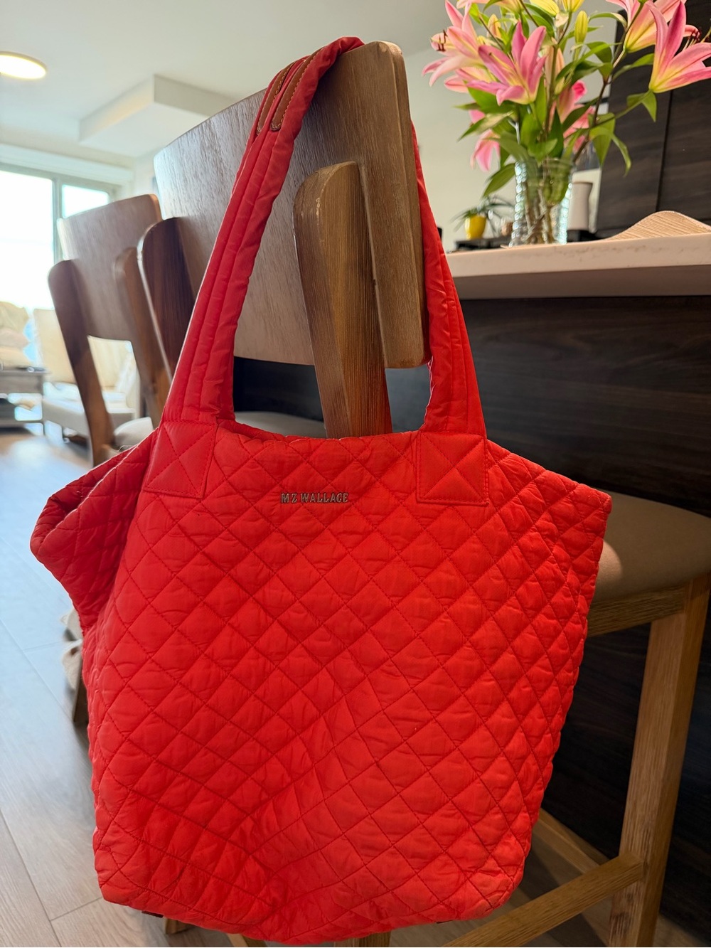 MZ Wallace Coral Red Quilted Nylon Tote Bag + Pouches